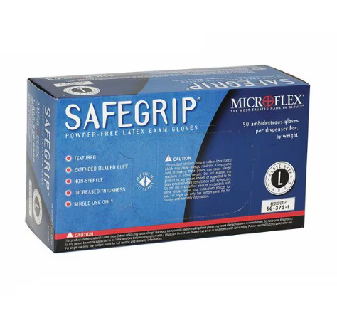 SafeGrip, Exam Gloves, 11 mil Palm, Natural Rubber Latex, Powder-Free, L, 50 PK, Blue