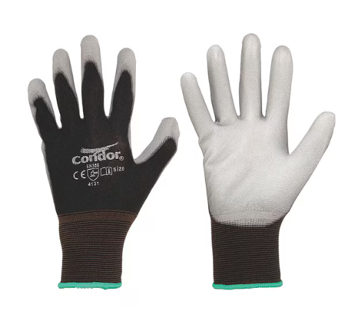 Coated Gloves, Polyurethane, Nylon, Smooth, ANSI Abrasion Level 3, Medium, 1 Pair